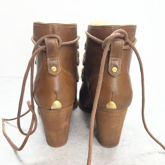 UGG Chestnut Analise Exposed Fur Leather Stacked Heel Ankle Boots Womens 7.5 - Picture 6 of 10